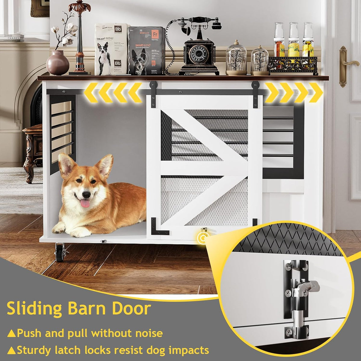 47 inch XL Dog Crate Furniture with Top-Access Teasing/Feeding Doors, Farmhouse Wooden Decorative Dog Crates with Wheels, Chew-Resistant Dog Crates End Table for Medium&Large Dogs, White