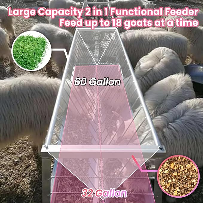 92 Gallon Goat Hay Feeder, 33.4" Height 60" Length Goat Feeder, Hay Rack Galvanized Steel Hay and Grain in One, Ease of Assembly, Hand-Powered Feeding Station for Goats, Sheep, Horses, Silver