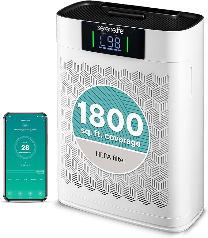 SereneLife HEPA Air Purifier for Home – Smart WiFi & App Control, Ultra-Quiet Air Purifier for Bedrooms & Large Rooms, Removes Dust, Pet Hair & Odors, Ideal for Pets & Allergies (1,800 Sq Ft, White)
