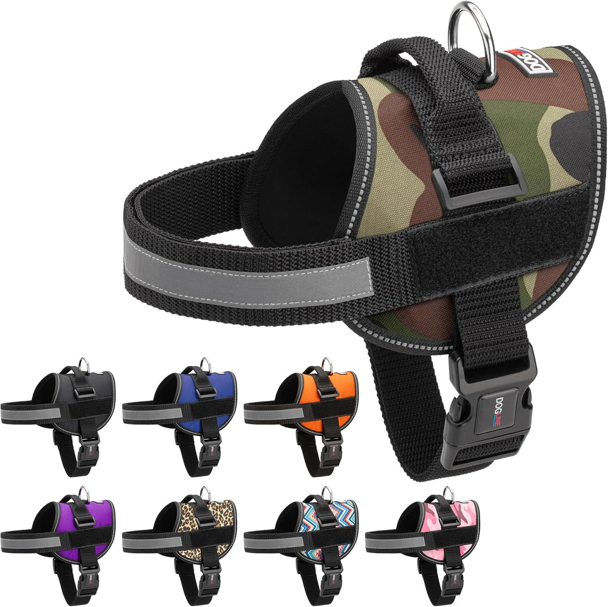 Dogline Dog Harness, Reflective No-Pull Adjustable Vest with Handle, Breathable No-Choke Harness for Small, Medium or Large Dogs Room for Patches Girth 27 to 34 in Green Camo