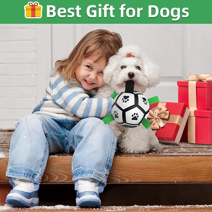 QDAN Dog Toys Soccer Ball with Straps, Interactive Toys for Tug of War, Puppy Birthday Gifts, Dog Water Toy, Durable Balls World Cup for Small Dogs（5 Inch）