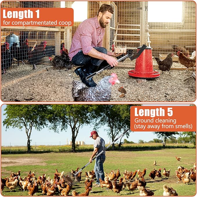 Esmorah 10 Inch Large Metal Chicken Poop Scooper for Sand & Coop Cleaning - Long Sifting Shovel with 24"-68" Adjustable Handle, 5 Lengths Heavy Duty Stainless Steel