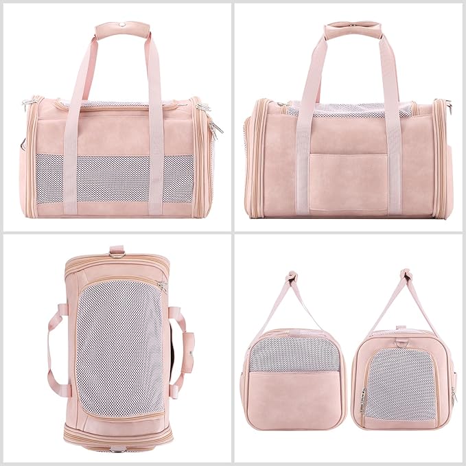 Fashion Leather Dog Carrier, Airline Approved Cat Carrier Soft Sided Pet Bag Carrier Purse for Puppy Kitten Small Animals Pink