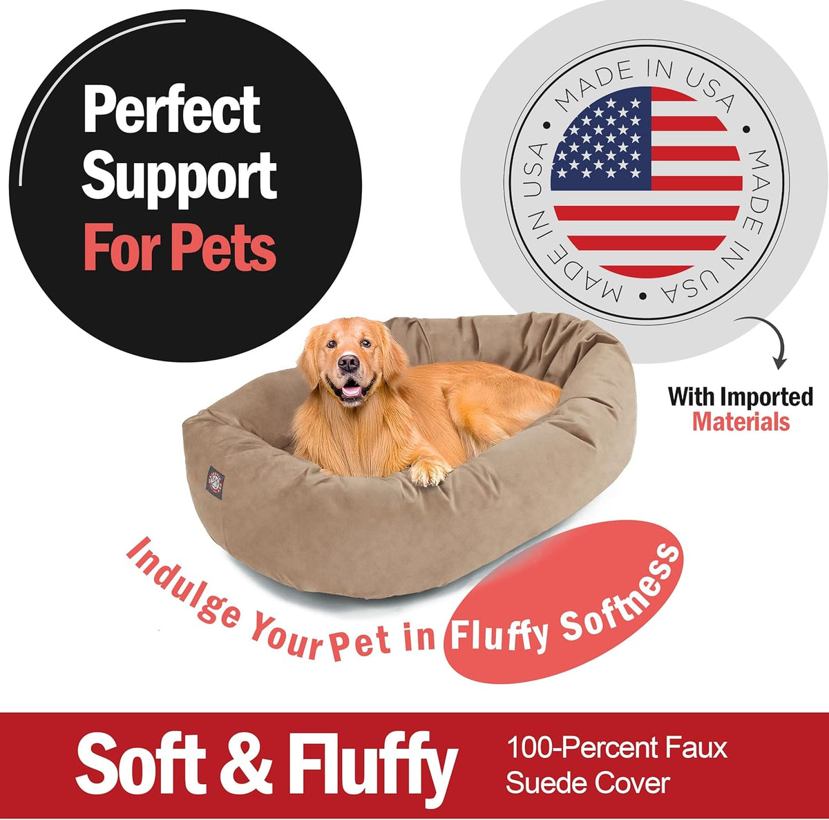 Majestic Pet 40 Inch Suede Shredded Memory Foam Mix Calming Large Dog Bed Washable 40 x 29 x 9 (Inch) - Cozy Soft Round Donut Dog Bed with Spine for Head Support - Pet Bed Stone