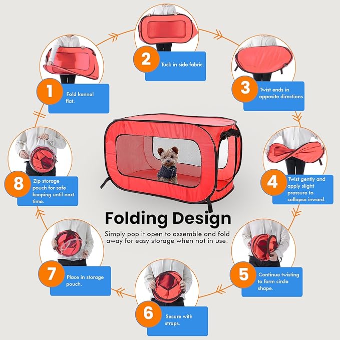 Beatrice Home Fashions Portable, Collapsible, Pop Up Kennel Travel Cat and Dog Crate, 36" L x 22" W x 22" H, Red
