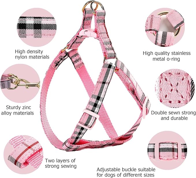 Cute Plaid Dog Collar Harness and Leash with Safety Buckle - Adjustable and No Pull Comfortable Dog Collars for Small Puppy, Stylish Durable Gift for Boy Girl Pets