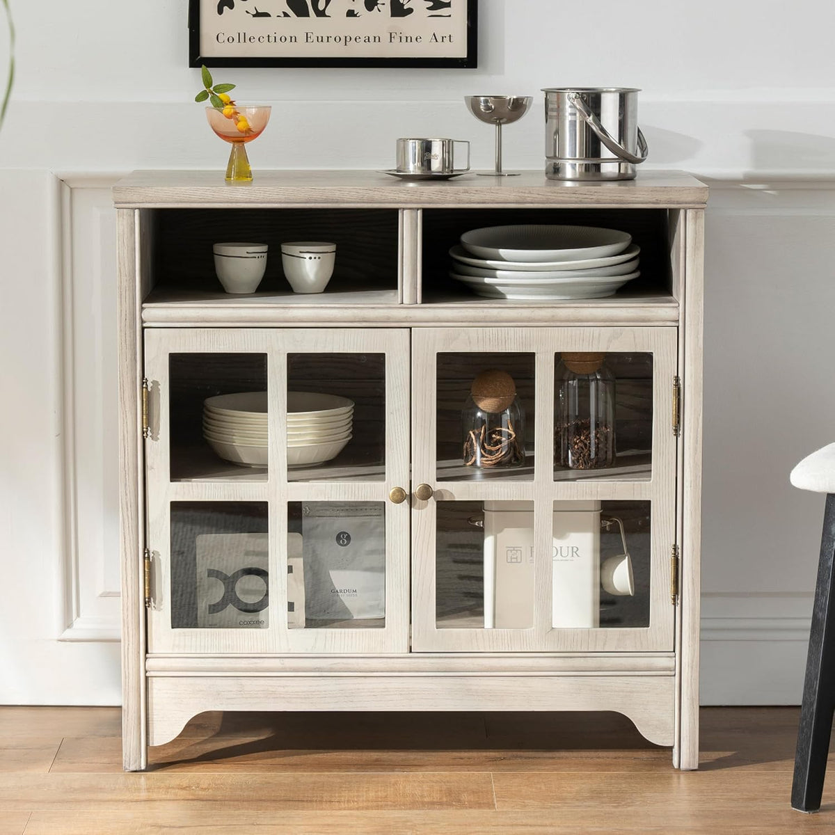 Chogori 31.5" Solid Wood Buffet Cabinet with Storage, Farmhouse Sideboard with 2 Doors, Coffee Bar Cabinet for Dining Room, Kitchen, or Living Room, Gray