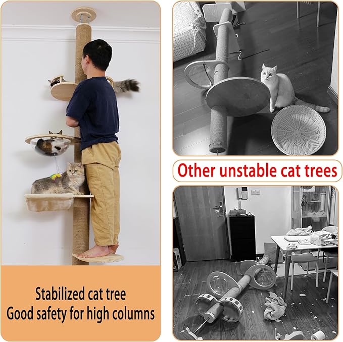 Floor to Ceiling Cat Tree Height (50-120 in) Adjustable Cat Tower 5 Tier Hemp Scratching Post High Cat Tree Sturdy Activity Tree Indoor Outdoor Cat Scratching Post Activity Center