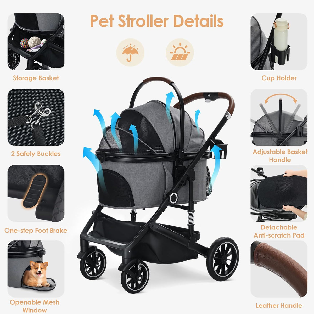 Pet Stroller with 4 Wheels, 3 in 1 Folding Puppy Strollers for Small/Medium Dogs Cats up to 50lbs, Lightweight Pet Travel Carrier with Detachable Cushion, Storage Basket and Cup Holder, Gray