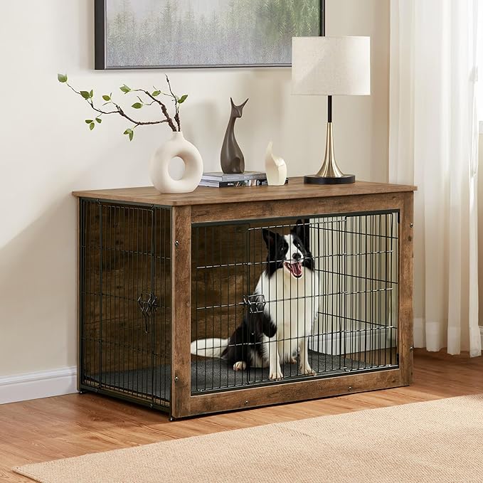 Dog Kennel Furniture, Wooden Dog Crate End Table, Heavy Duty Dog Crate, Decorative Pet Crate Dog Cage for Large Indoor Use (Rustic Brown) 39" L×26" W×27" H