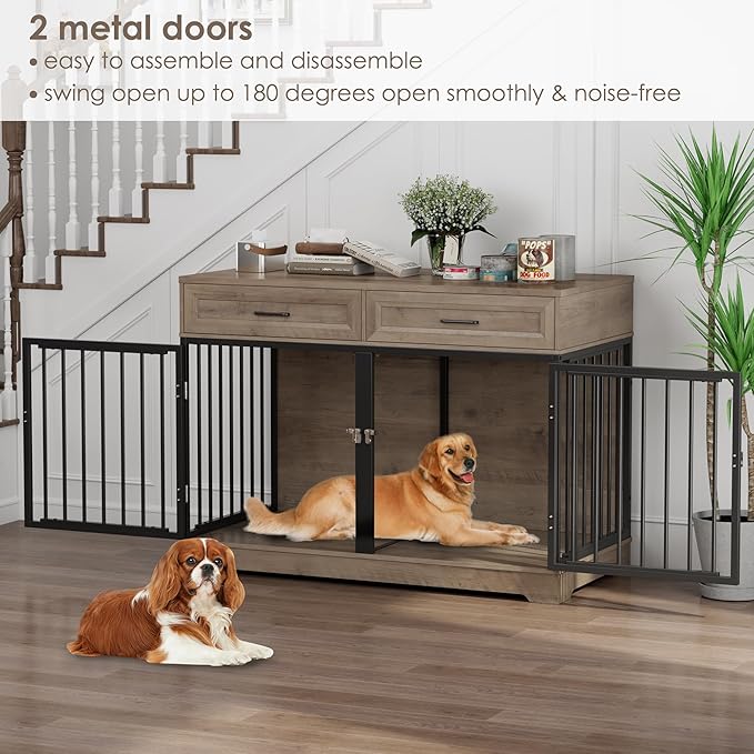 Dog Crate Furniture 47" Wooden Dog Kennels for Dogs Indoor with a Removable Divider for Large/Medium/Small Dogs, 2 Storage Drawers and Large Tabletop Dog Cages Double Doors Dog House, Rustic