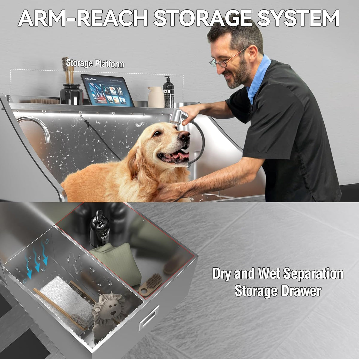 50'' Dog Washing Station - 304 Stainless Steel, LED Dog Bathing Station with Ramp, 2 Drawer, Floor Grate & Lick Pad for Large, Medium & Small Dogs