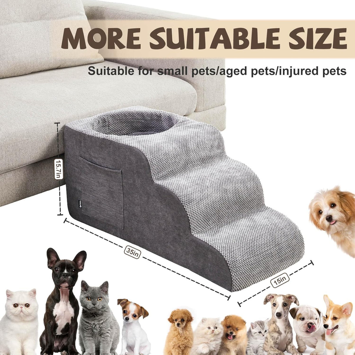 Dog Stairs, Dog Stairs for Small Dogs, 3-Step Pet Stairs, Dog Steps for Bed, Dog ramp, pet Stairs for high beds, Old Dog pet Steps, Non-Slip Pet Step Indoor, Grey