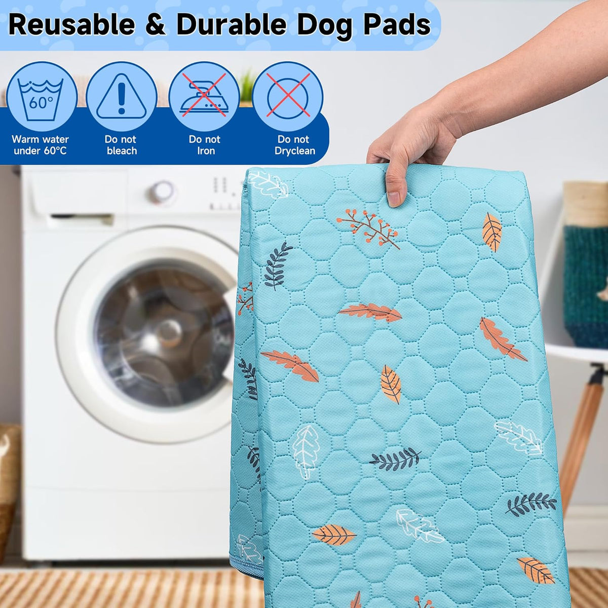 Sunheir Washable Pee Pads for Dogs 2-Pack Reusable Puppy Pet Training Pads, Waterproof Dog Crate, Whelping Pad, Non-Slip Protects Against Urine Leakage (Leaves - Sky Blue, 36x41) F-U1