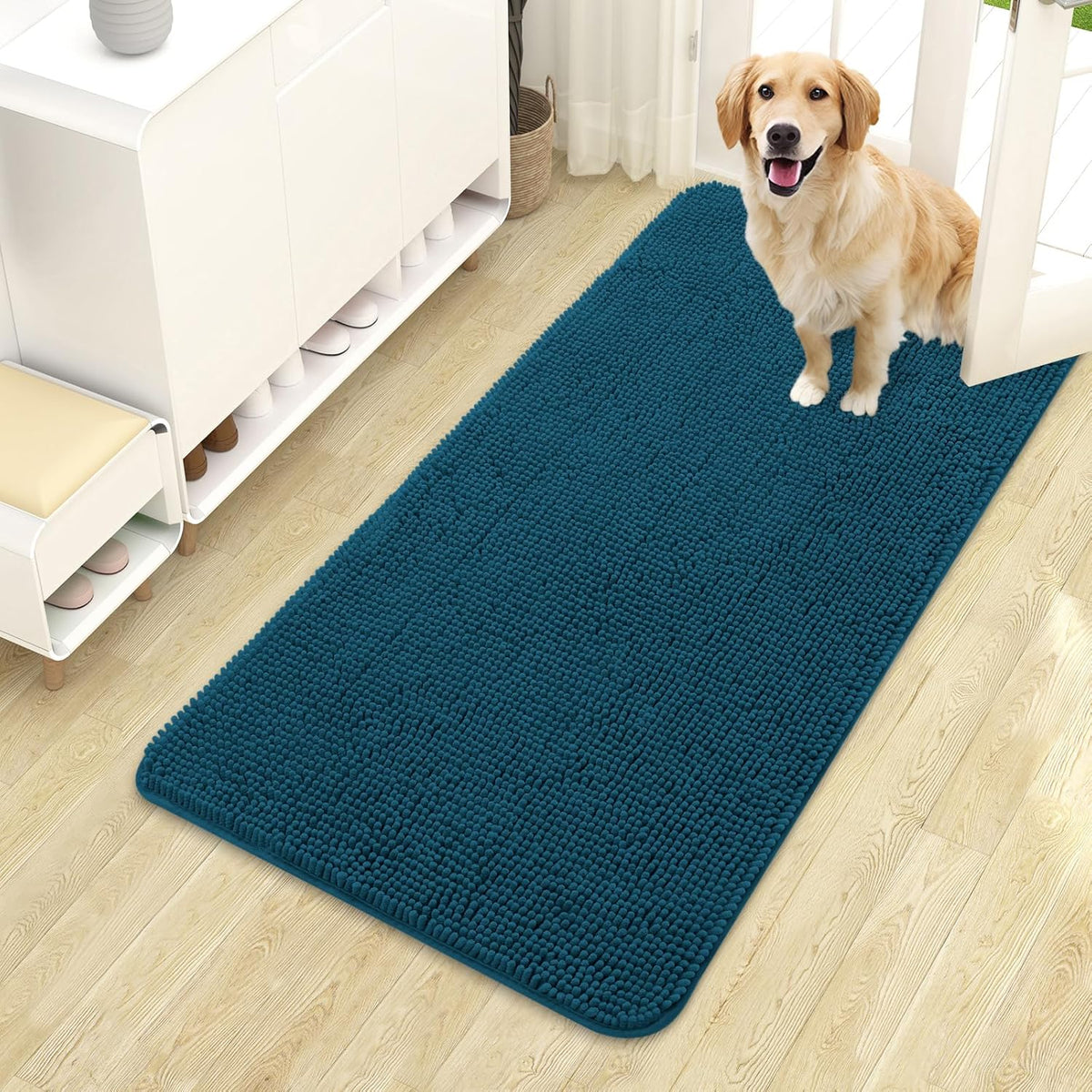 OLANLY Dog Door Mat for Muddy Paws 44x24, Absorbs Moisture and Dirt, Absorbent Non-Slip Washable Doormat, Quick Dry Chenille Mud Mat, Entry Indoor Entryway Carpet for Inside Floor, Atlantic Blue