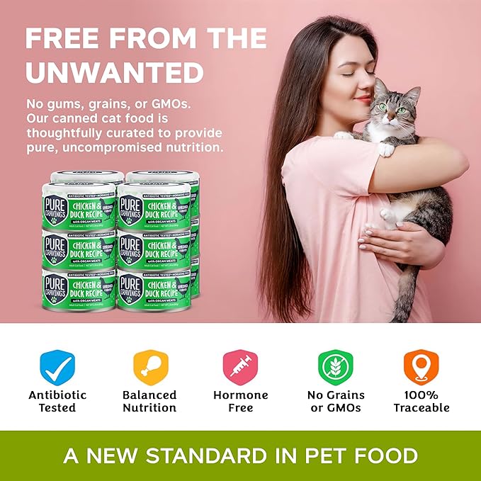 Chicken and Duck Recipe in Broth, Shredded Wet Cat Food, Grain-Free Protein, Non-GMO, 12 Pack