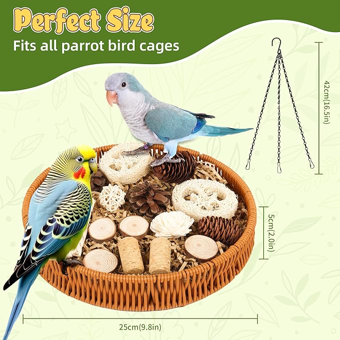 Natural Bird Toy Rattan Bird Foraging Box Parrot Shredding Toys Box Conure Chewing Toys for Cockatiel Lovebird Parakeet Budgie(Round 9.84inch)