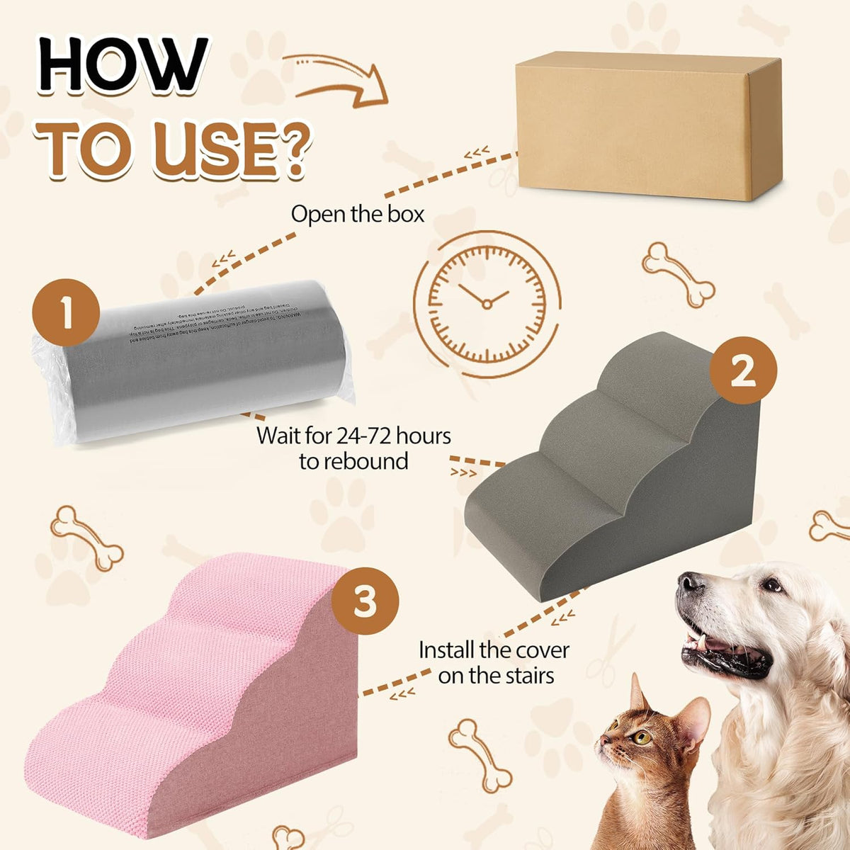 Romrol Dog Stairs Ramp for High Beds Couches, High Density Foam Pet Steps with Durable Non-Slip Waterproof Fabric Cover, Dog Stairs for Small Dogs or Cats or Pets, 3-Step,15 Inch,Pink
