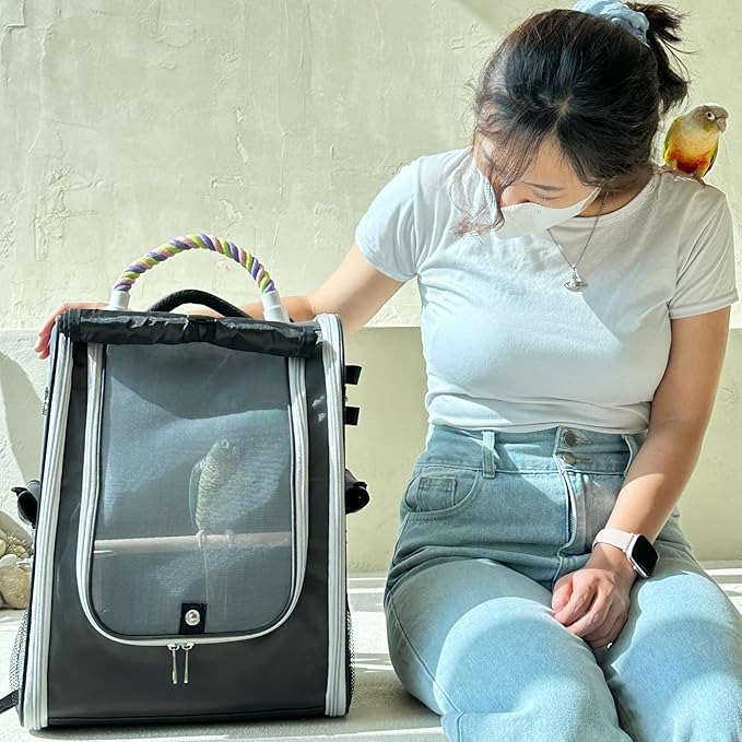 Birds Day Bird Carrier Backpack-Parrot Travel Cage with 2PCS Perch and Food Bowl, Stainless Steel Tray (Charcoal Gray)