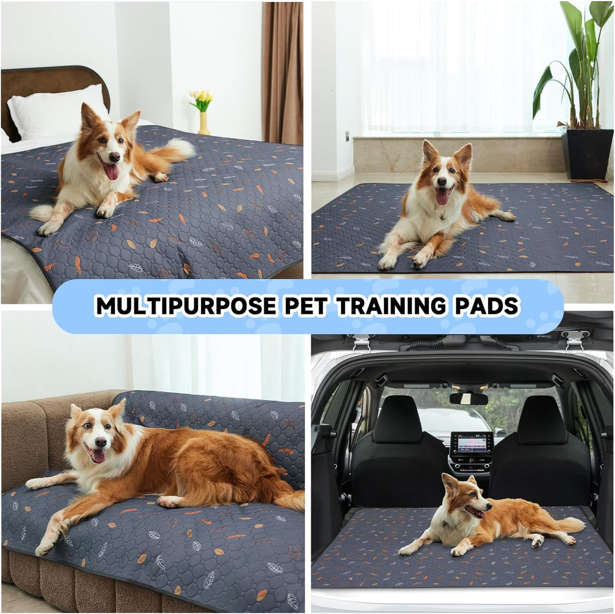 Sunheir Washable Pee Pads for Dogs 4-Pack Reusable Puppy Pads Pet Training Pads, Waterproof Dog Pee Pads for Crate, Whelping Pad, Non-Slip Protects Against Urine Leakage (Leaves - Deep Grey, 18x24)
