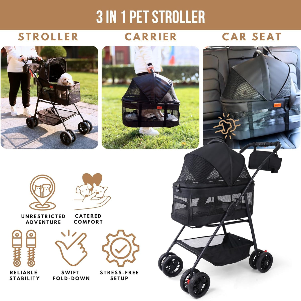 Pet Stroller for Small Dogs Cats with Wheels, Detachable Carrier, Max Load 33 lbs, Easy Folding, Compact Portable, Dog Carriage Cart Car Seat 3 in 1