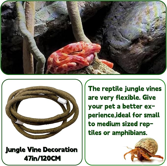 6PCS Bearded Dragon Hammock Lizard Natural Seagrass Hammock Reptile Jungle Climbing Vines and Leaves with Suction Cups Habitat Décor Tank Accessories for Hiding& Climbing Snake Gecko Bird Chameleon