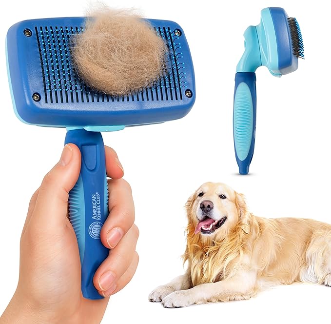 American Kennel Club-Self-Cleaning Slicker Brush for Dogs & Cats |Pet Grooming Brush |Removes Loose Hair, Mats & Tangles | Gentle Deshedding Tool for All Coat Types | Skin Friendly & Easy-Clean Design
