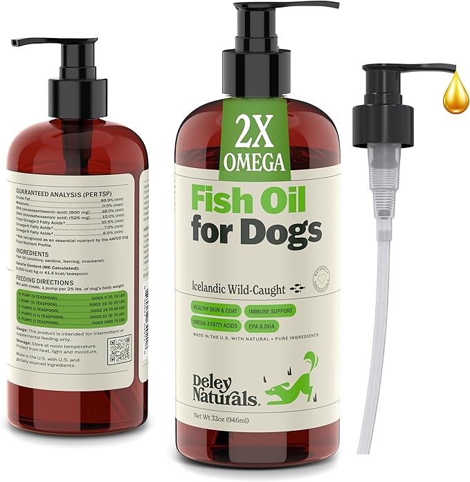 Deley Naturals Dog Fish Oil Icelandic 2X Omega - Dog Itching Skin Relief with Omega 3 6 9 for Allergies, Coat & Heart - Omega 3 Fish Oil for Dogs Skin Irritation - 32oz Omega Oil for Dogs Made in USA