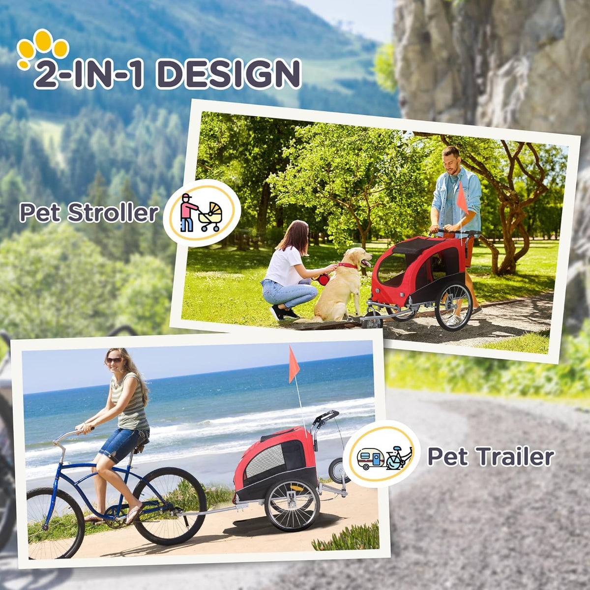 Aosom Dog Bike Trailer 2-in-1 Pet Stroller with Canopy and Storage Pockets