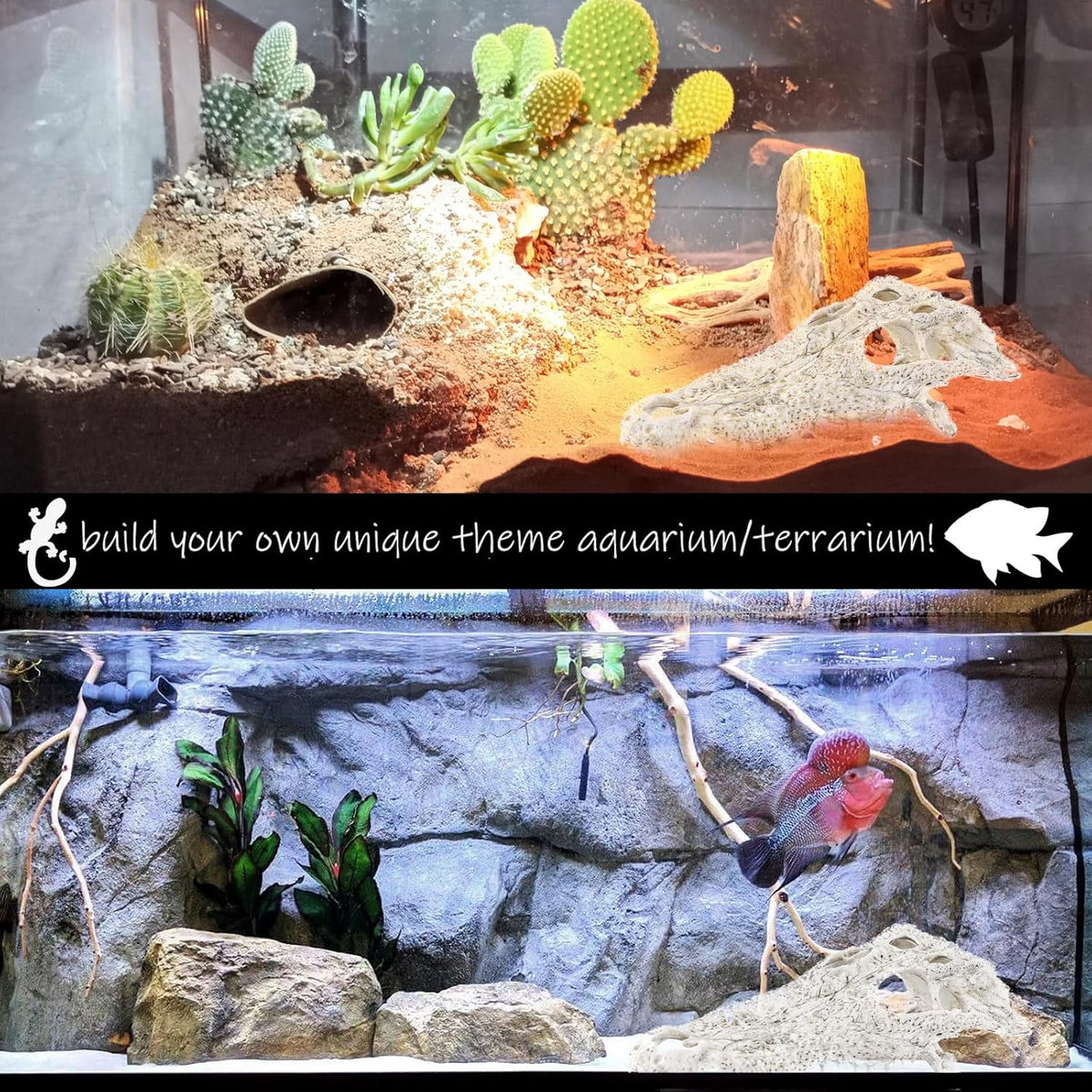 Animal Skull Fish Aquarium Hideout Decorations Cave Dinosaur Reptile Ornament Halloween Décor for Terrarium Large Betta Decor Bones