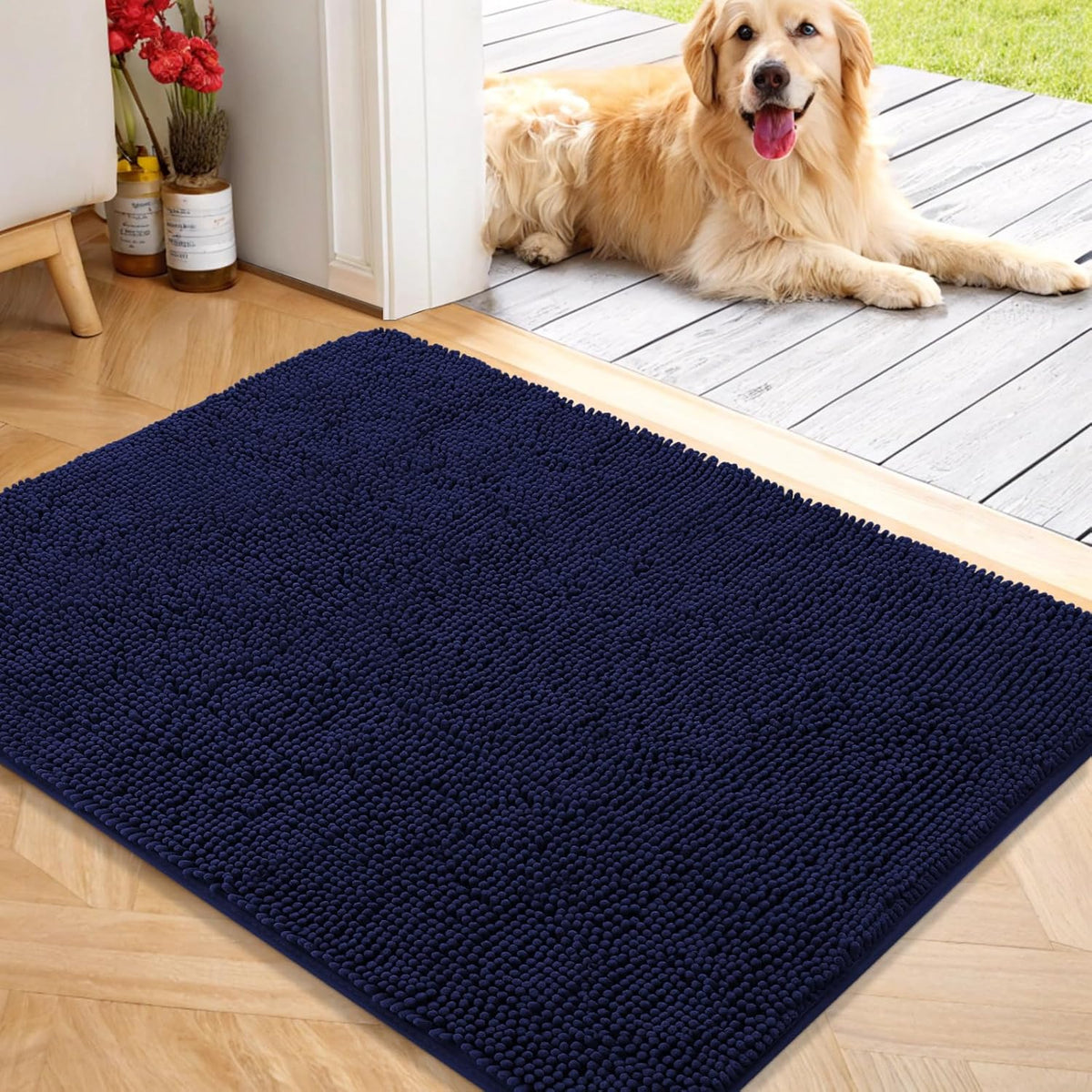 OLANLY Dog Door Mat for Muddy Paws 40x32, Absorbs Moisture and Dirt, Absorbent Non-Slip Washable Doormat, Quick Dry Chenille Mud Mat for Dogs, Entry Indoor Entryway Carpet for Inside Floor, Navy Blue