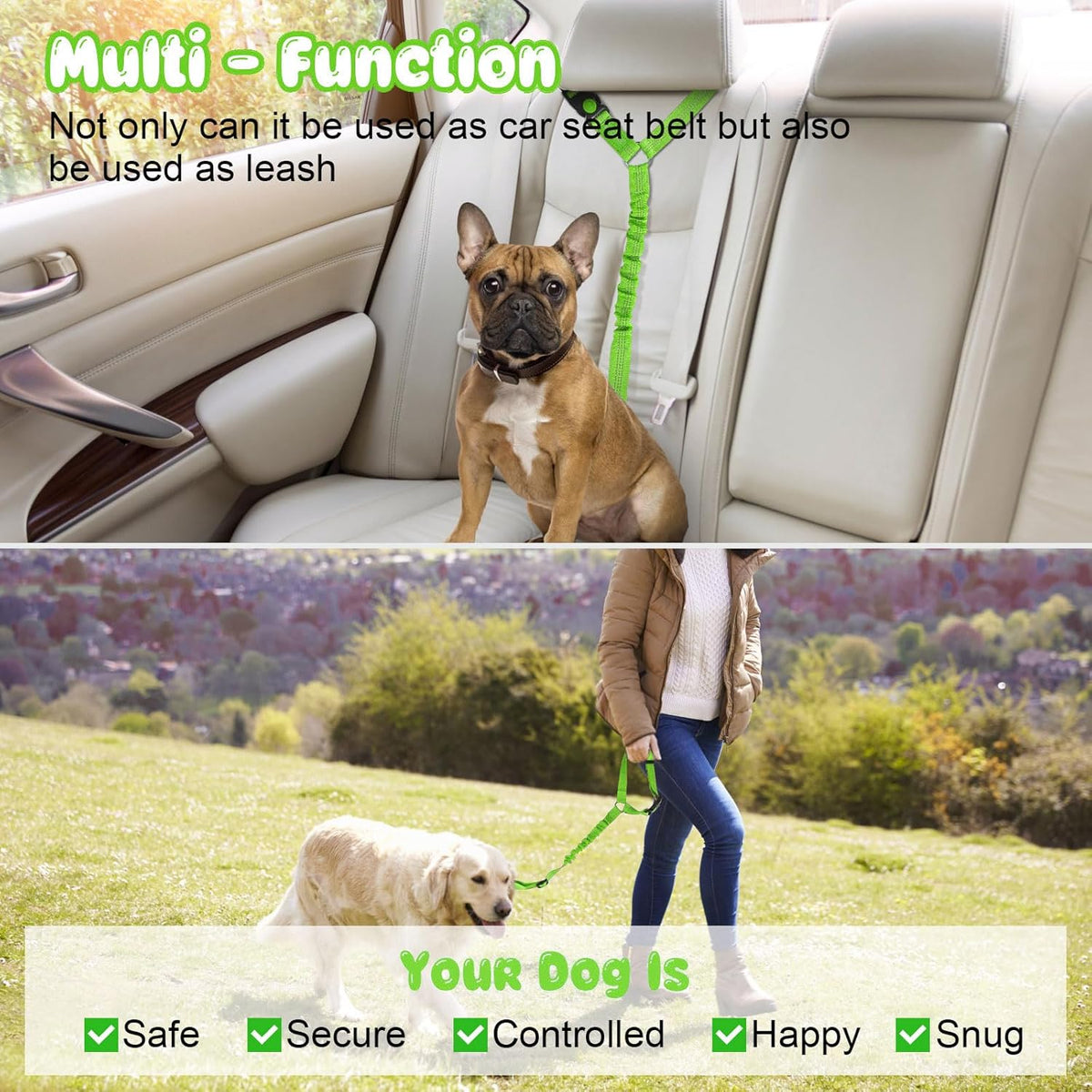 BWOGUE Pet Dog Cat Seat Belt Reflective Car Dog Headrest Restraint Leash Elastic Buffer Bungee Adjustable Tangle-Free Safety Leads Vehicle Seatbelt Harness for Small, Medium and Large Dogs (1 Pack)
