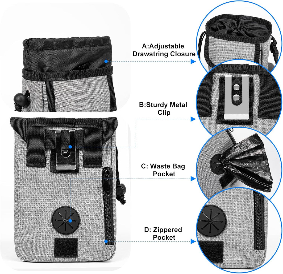 Airline Approved Dog Travel Bag with 2 Dog Treat Training Pouches, Tote Organizer for Weekend Pet Travel Supplies & Accessories, 2 Collapsible Bowls, 2 Food Container (Grey)