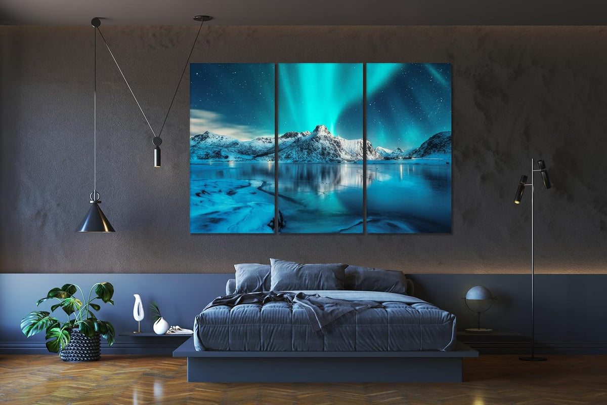 Nature Wall Art Prints - Ocean Forest Mountain Lake Canvas Landscapes - Small to Extra Large Living Room Bedroom Kitchen Bathroom Décor (Northern Lights Over Lake, 55L" x 83W"- 3 Panels)