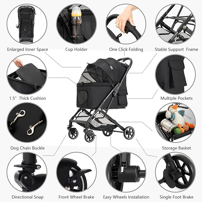 Medium Dog Stroller, Kenyone Pet Stroller for Medium Dogs Up to 55lbs, Lightweight Aluminum Frame, One Click Folding, Large Cat Stroller with No Zip Entry, Detachable Mesh, Multiple Pockets