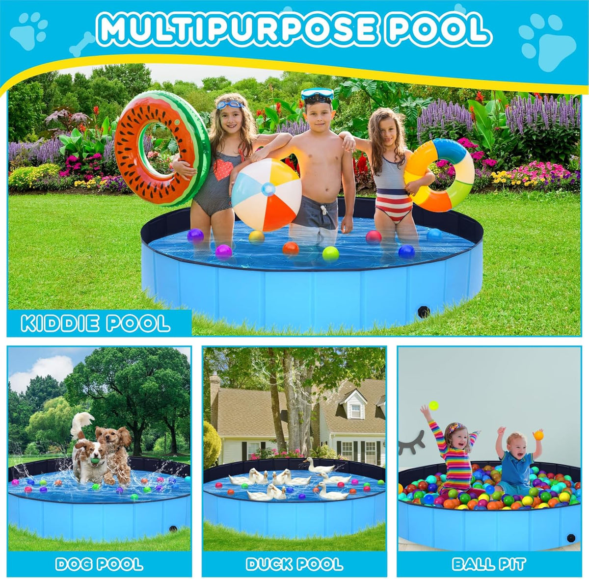 Extra Large Collapsible Dog Pool,97"x16" Anti-Slip Portable Swimming Pool Bathing Tub,Hard Plastic Kiddie Pool for Pets Dogs Cats & Kids…