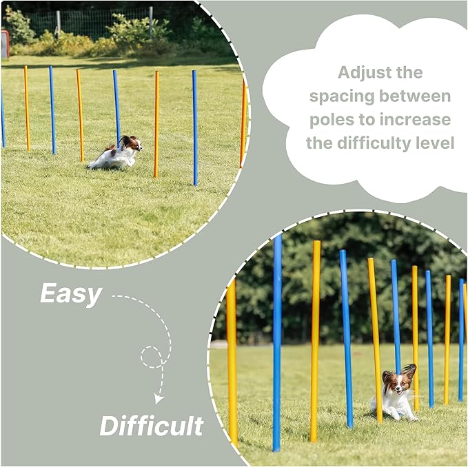 Trixie Dog Agility Slalom Course - 12 Adjustable Weave Poles Backyard Set - Portable Training Equipment with Carrying Bag & Training Guide - for All Breeds