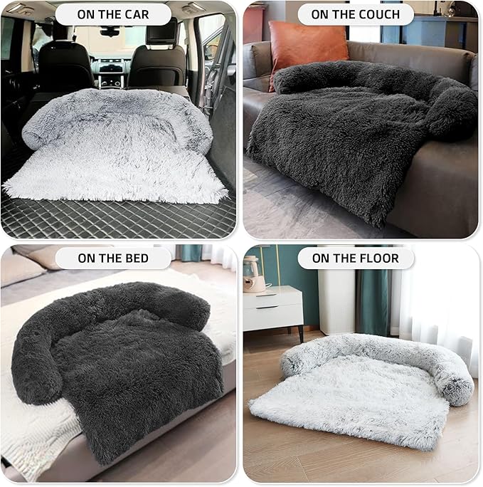 Calming Dog Bed Fluffy Plush Dog Mat for Furniture Protector with Removable Washable Cover for Large Medium Small Dogs and Cats (Small(35x31x5), Dark Grey)