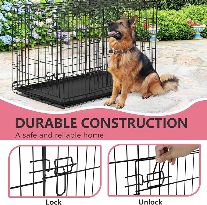 FDW Extra Large Dog Crate Dog Kennel Cage with Double Door,48 inch Folding Metal Wire Dog Cage with Removable Tray&Divider Panel,Pet Crate for Large Dogs,Black