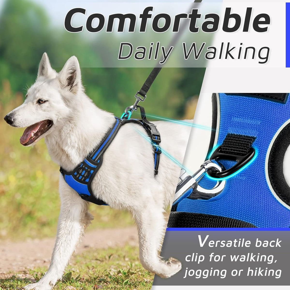 Eagloo Dog Harness Medium Sized Dog, No Pull Service Vest with Reflective Strips and Control Handle, Adjustable and Comfortable for Easy Walking, No Choke Pet Harness with 2 Metal Rings, Blue, M