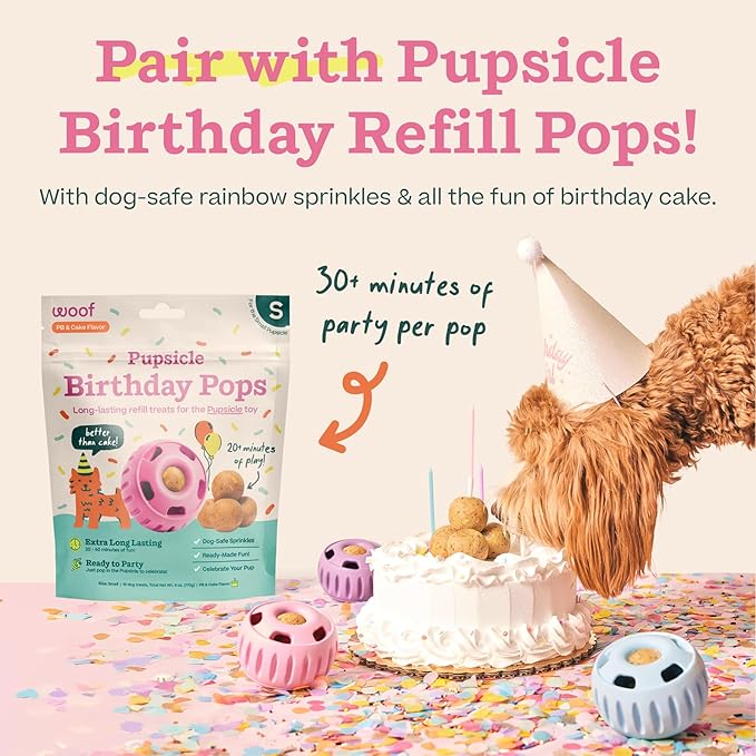 WOOF Party Pupsicle - Long-Lasting Interactive Dog Toys for Boredom - Low-Mess Design - Birthday Gifts for Dogs - Small Dog Toys - Party Pink