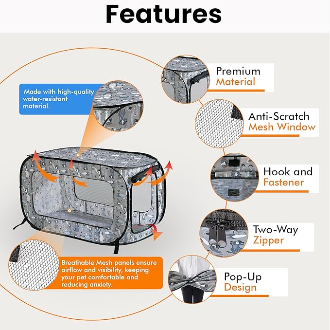 Beatrice Home Fashions Portable, Collapsible, Pop Up Kennel Travel Cat and Dog Crate, 32.5" L x 19.5" W x 19.5" H, Tail Waggers
