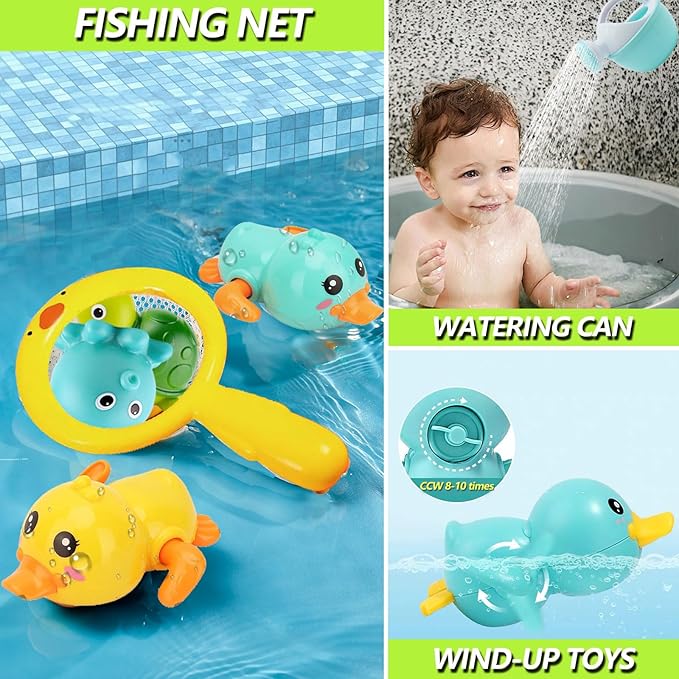 Bath Toys for Babies 6-12+ Months, Wind-up Ducks Bath Toys for Kids Ages 1-3, No Hole Baby Bath Toy Ocean Animal Floating Pool Toys for Toddlers, Water Toys Fishing Net Watering Can