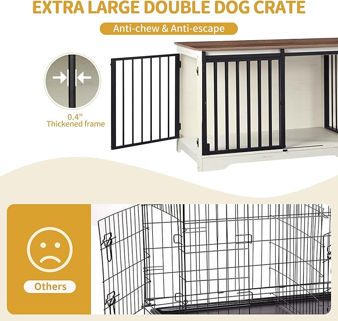 78" Dog Crate Furniture for 2 Dogs, Double Dog Cage with Divider, Wooden Heavy Duty Dogs Kennel, Pet Cage with Barn Door, TV Stand for Large Small Medium Dogs, White Brown DFC83714BV1