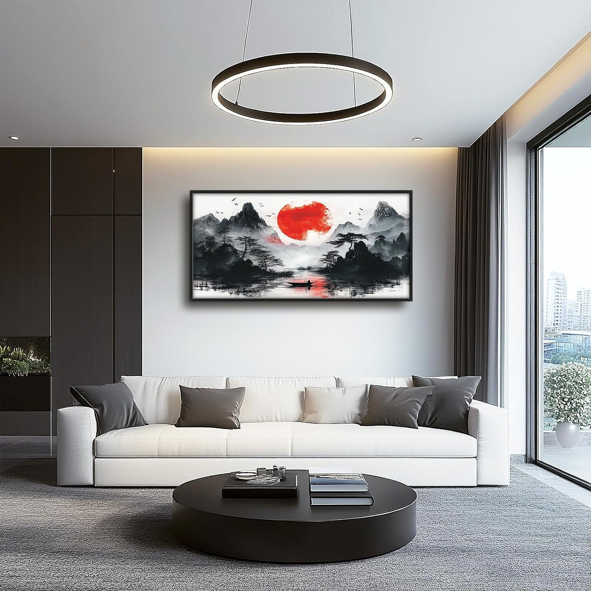 Framed Large Japanese Mountain Wall Art for Living Room, Oversized Asian Red Sun Lake Landscape Wall Decor Nature Canvas Painting Home Decoration for Living Room Bedroom Office 60"x30"