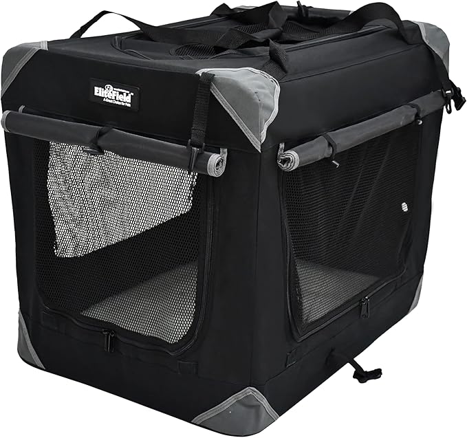 EliteField 4-Door Folding Soft Dog Crate with Curtains, Carrying Bag and Fleece Bed (2 Year Warranty), Indoor & Outdoor Pet Home (24" L x 18" W x 21" H, Black+4 Door Curtains)
