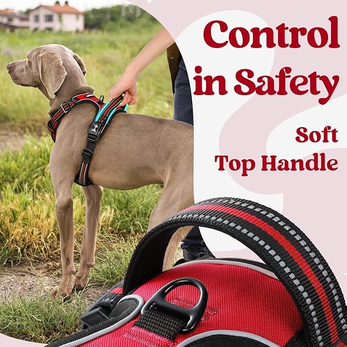 rabbitgoo Dog Harness for Large, No Pull Pet Harness with 3 Buckles, Adjustable Soft Padded Vest with Control Handle, Walking Reflective Pet Vest for Extra Large Dogs, Red, XL