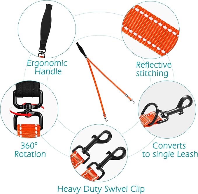 PetBonus Two Point Control Dog Leash, Works with No Pull Harnesses, No Tangle Training Leashes, Soft Padded and Reflective Walking Lead, Converts to Single Lead for Medium Large Dogs (Orange)