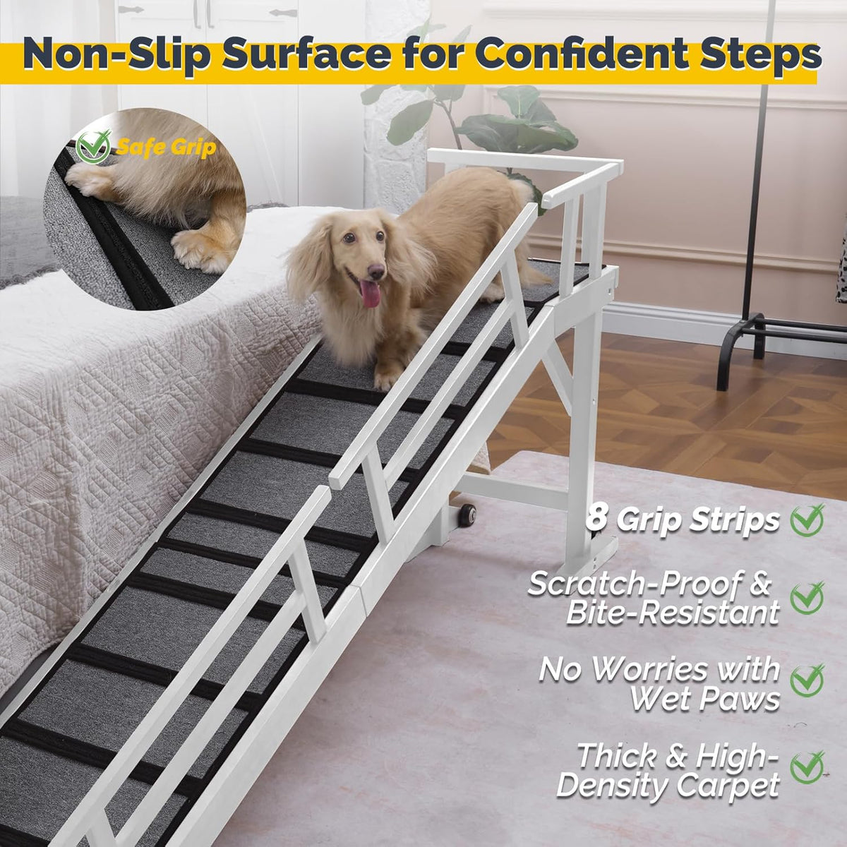 Dog Ramp for Bed or Couch, Wooden Pet Ramp with 20° Gentle Slope, Removable Side Rails, Non-Slip Surface, Top Platform & Wheels, Safe Bed Ramp for Small, Medium & Senior Dogs, 74" Long, White