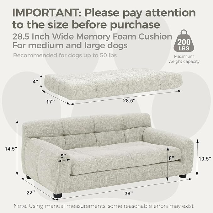 Dog Couch Bed, Mini Sofa for Dogs with Backrest and Armrest, Durable Pet Sofa with Soft Foam Cushion, Elevated Dog Couch Bed with Legs for Medium and Large Dogs, Beige